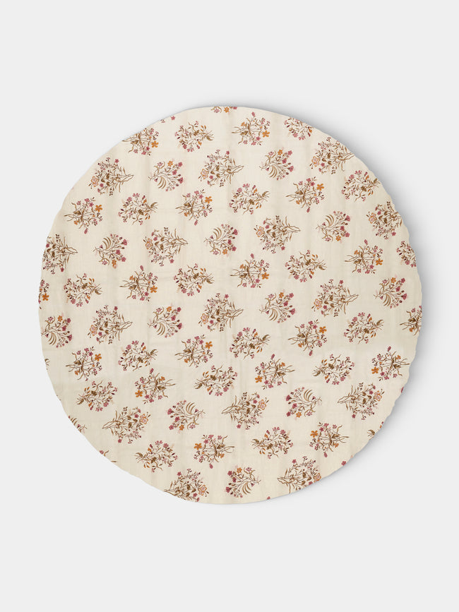 Volga Linen - Scarlet Flax & Field Flowers Overlock-Stitch Linen Round Tablecloth (110in/2.8m) - Cream - ABASK - 