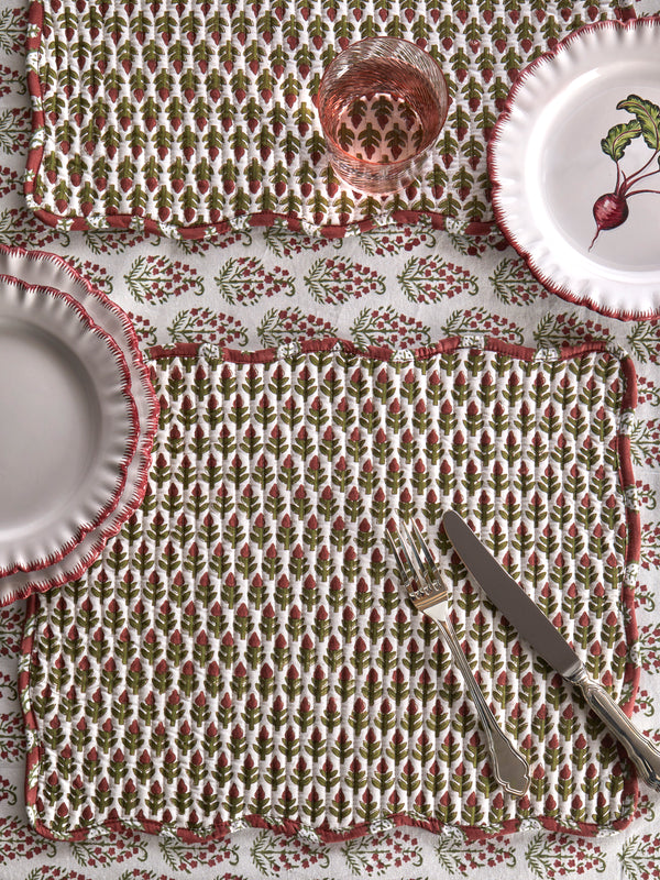 Chamois - Diamond & Fan Block-Printed Cotton Placemats (Set of 4) - Red - ABASK