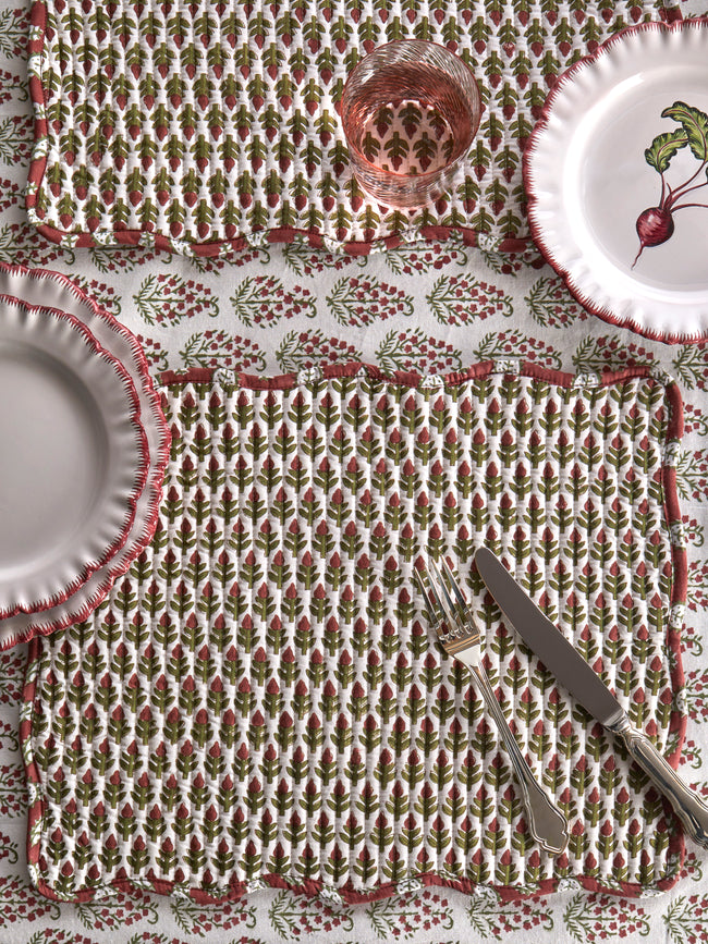 Chamois - Diamond & Fan Block-Printed Cotton Placemats (Set of 4) - Red - ABASK