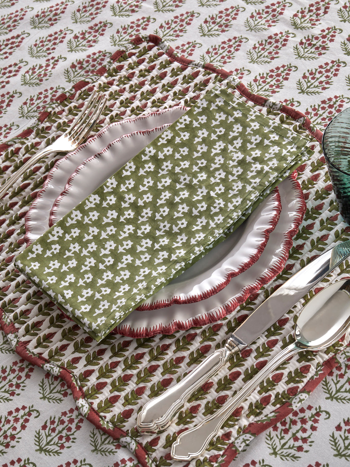 Chamois - Dancing Star Block-Printed Cotton Napkins (Set of 8) - Green - ABASK