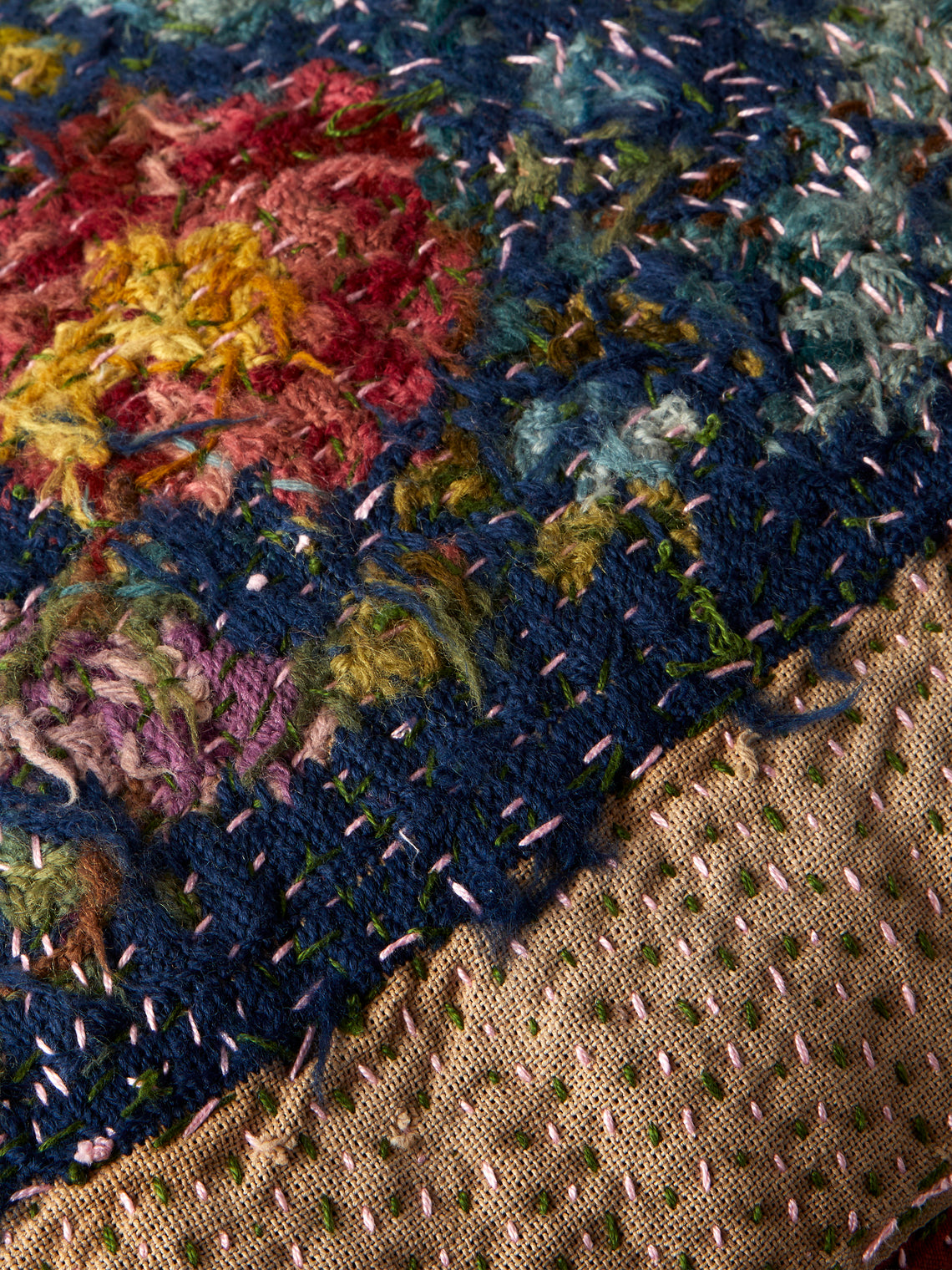 By Walid - 1930s Needlepoint Wool, Linen and Damask Cushion (27.5in/70cm) - Multiple - ABASK