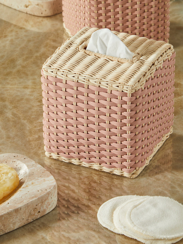 Giobagnara - Antibes Handwoven Leather and Rattan Tissue Box - Pink - ABASK