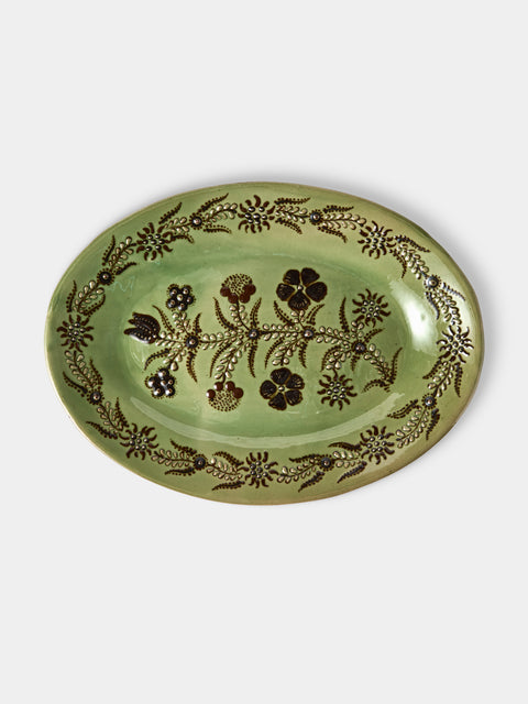 Poterie d’Évires - Flowers Hand-Painted Ceramic Oval Platter - Green - ABASK - 