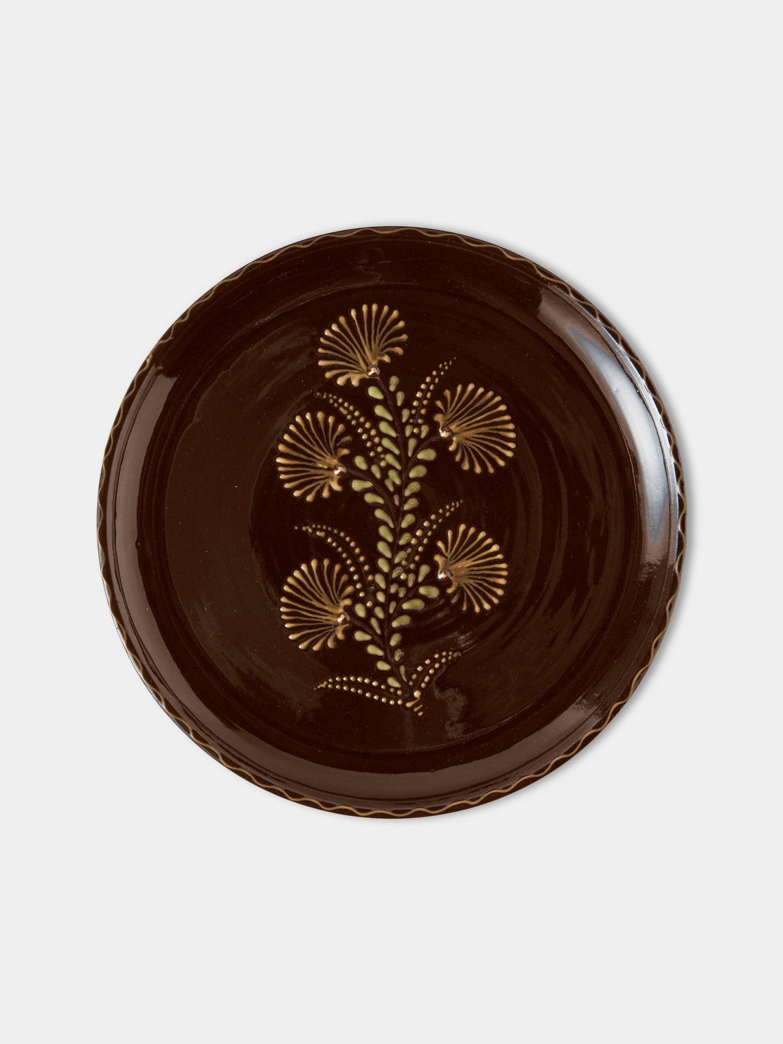 Poterie d’Évires - Flowers Hand-Painted Ceramic Dinner Plates – 9.5in/24cm (Set of 4) - Dark Brown - ABASK