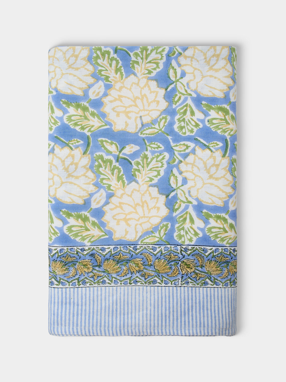 Chamois - Dahlia Block-Printed Linen Round Tablecloth (86.5in/2.2m) - Blue - ABASK