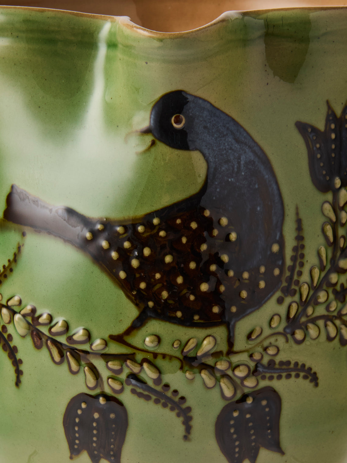 Poterie d’Évires - Birds Hand-Painted Ceramic Medium Jug - Green - ABASK