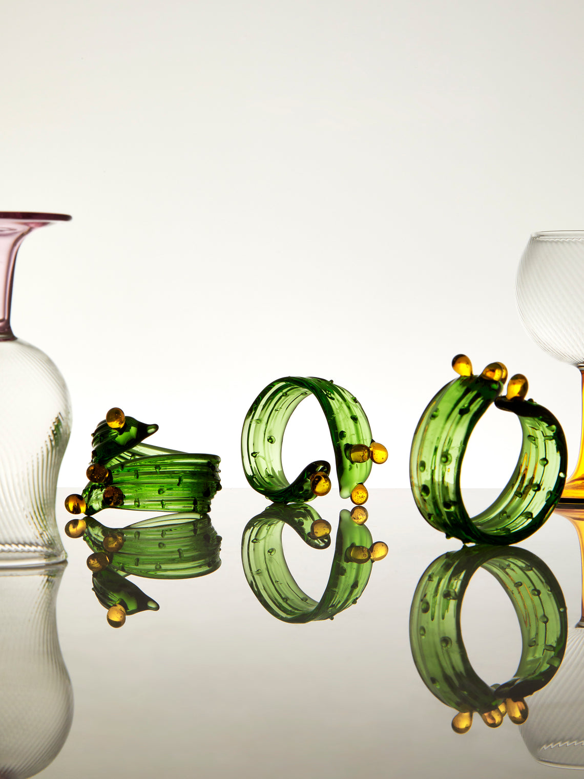 Casarialto - | Set of 6 | Cacti Hand-Blown Glass Napkin Rings - Green - ABASK