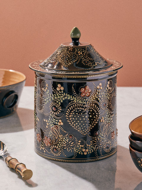 Poterie d’Évires - Flowers Hand-Painted Ceramic Medium Lidded Pot - Dark brown - ABASK