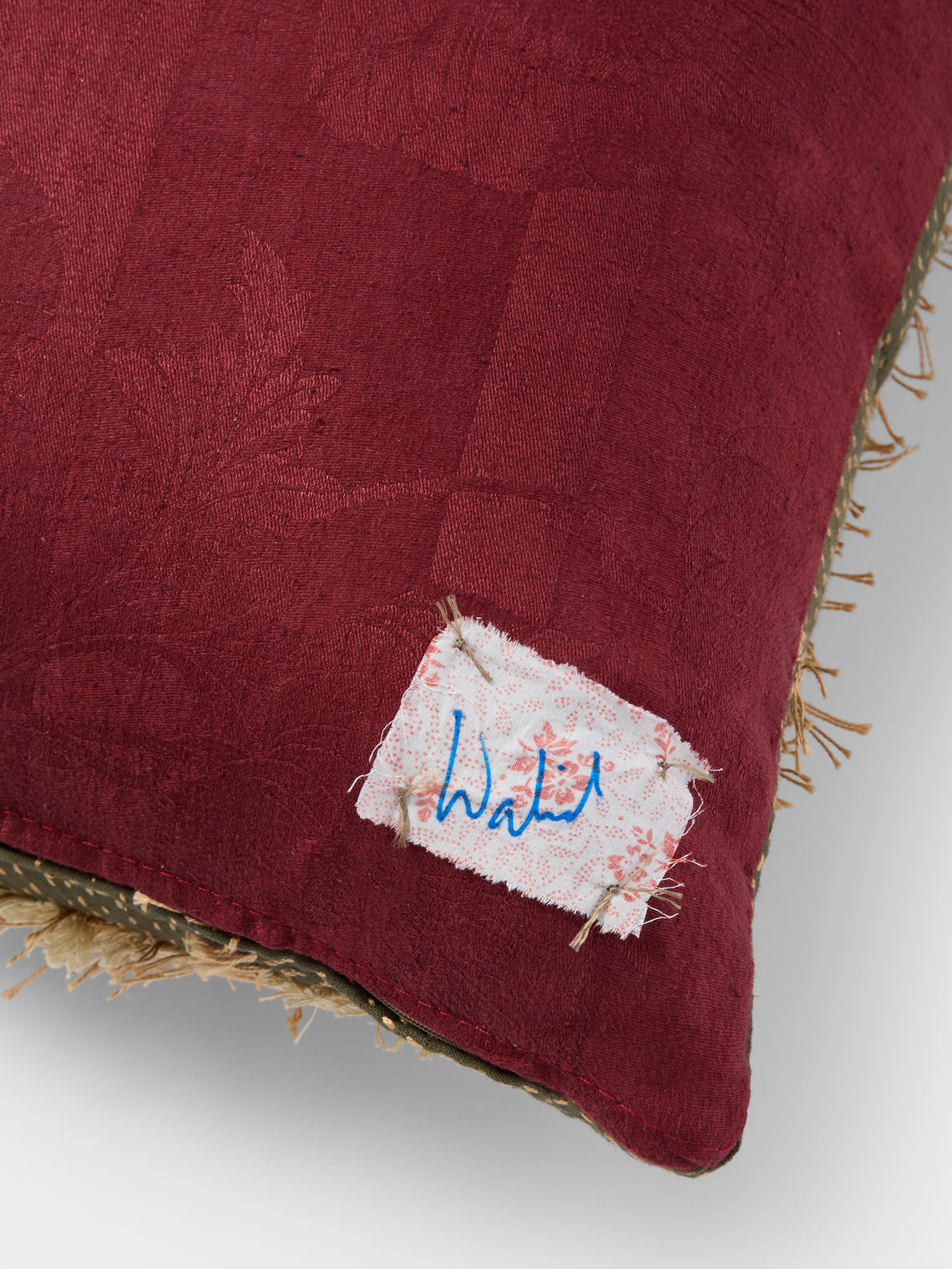 By Walid - 19th-Century Victorian Wool and Glass Beaded Embroidery Damask Cushion (21in/53cm) - Multiple - ABASK