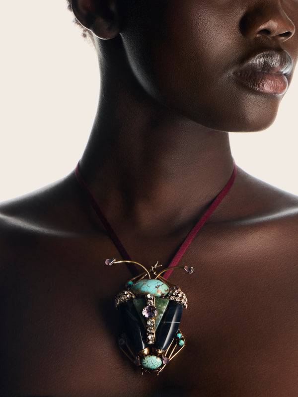 Mahnaz Collection - Vintage Iradj Moini Turquoise, Amethyst and Hard Stone Insect Brooch Pendant - Multiple - ABASK