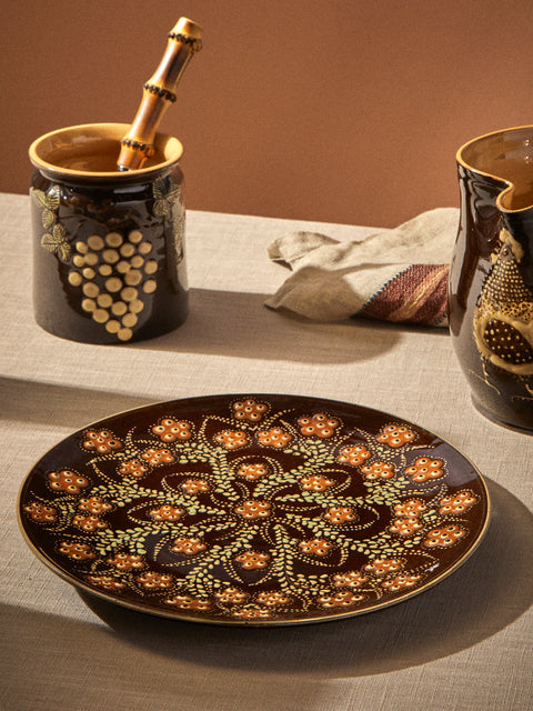 Poterie d’Évires - Flowers Hand-Painted Ceramic Small Platter - Dark Brown - ABASK
