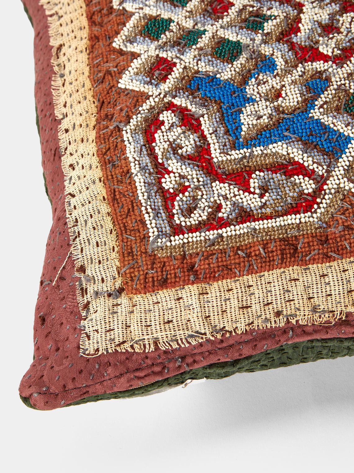 By Walid - 19th-Century Beaded and Needlepoint Wool and Damask Cushion (19.5in/50cm) - Multiple - ABASK
