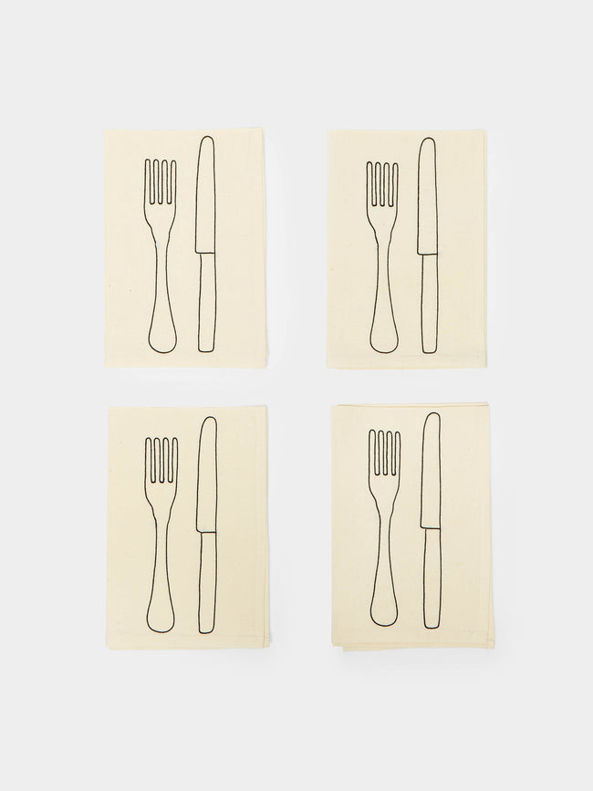 Oeuvres Sensibles - Knife & Fork Hand-Embroidered Linen Napkins (Set of 4) -  - ABASK