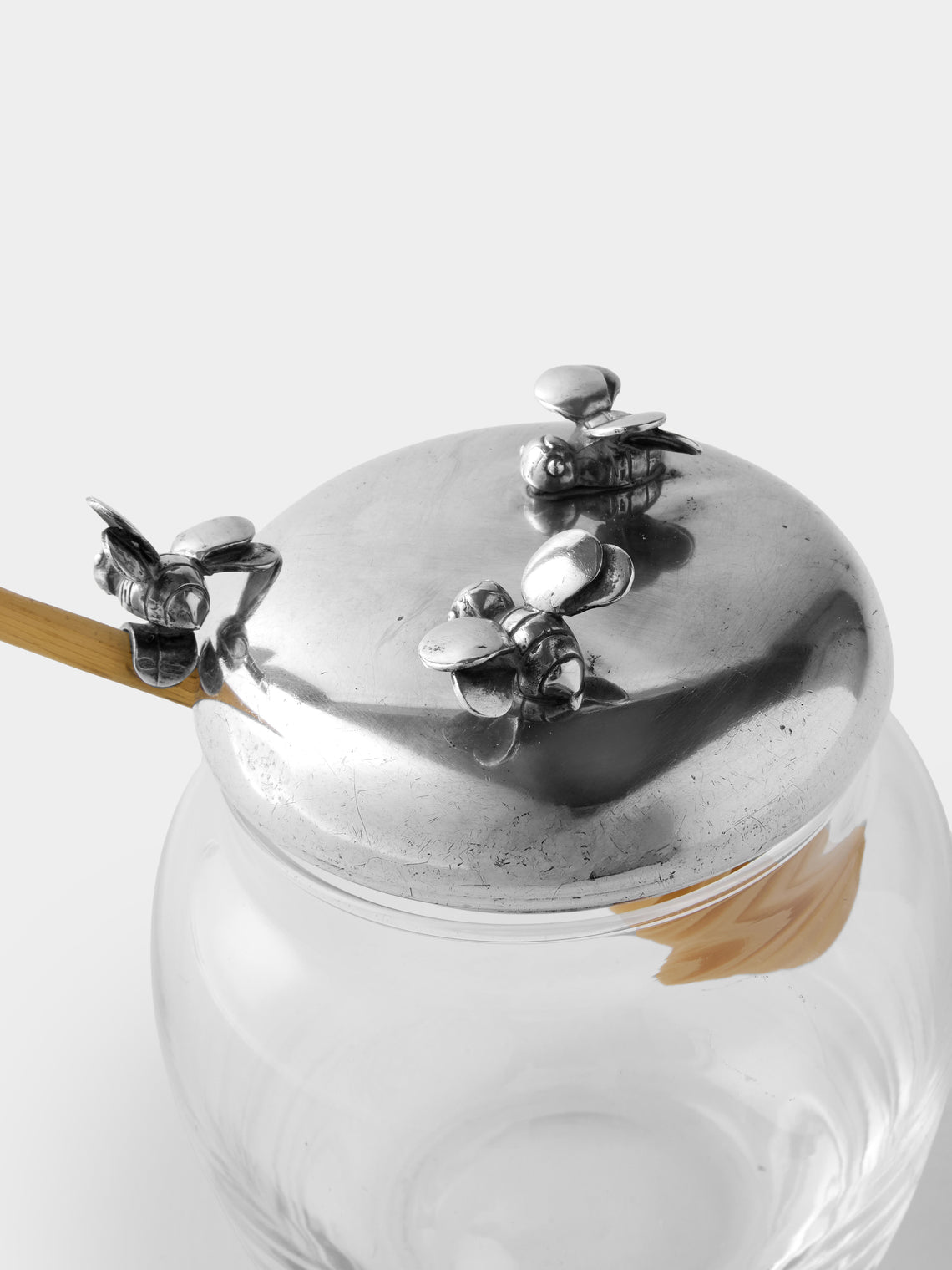 Antique and Vintage - 1930s Solid Silver Honey Pot with Horn Spoon - Clear - ABASK