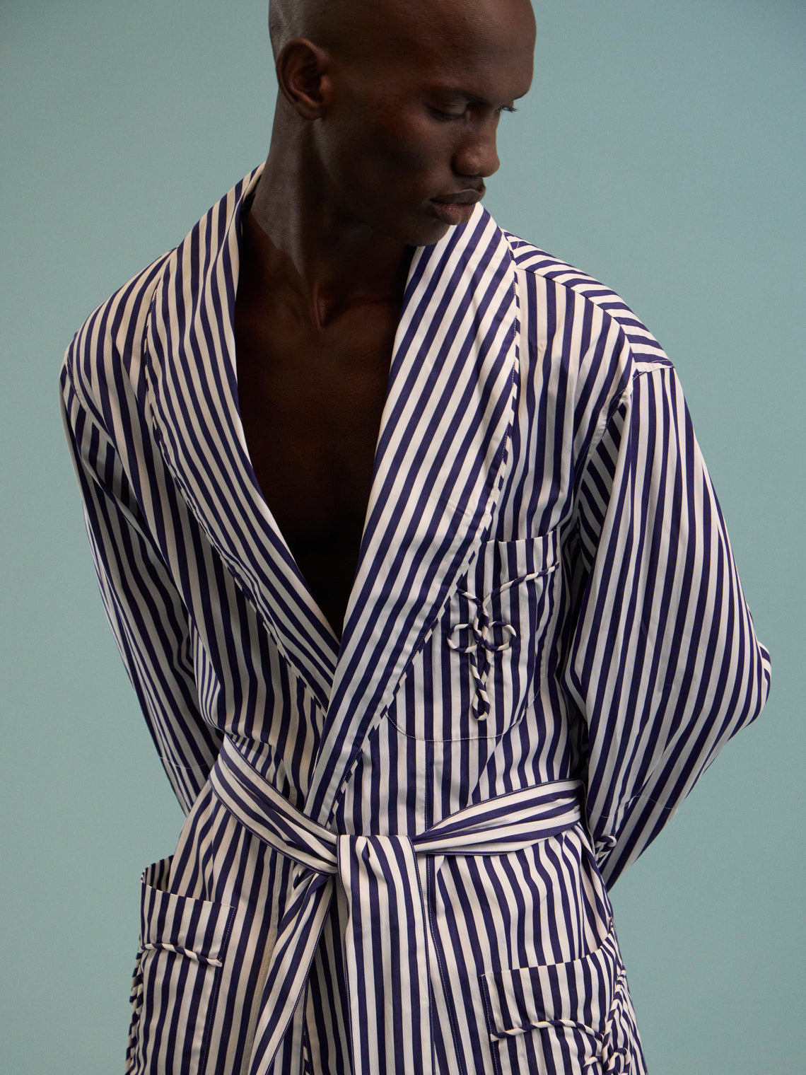 Sebline - Frogging Hand-Embroidered Cotton Robe - Blue - ABASK