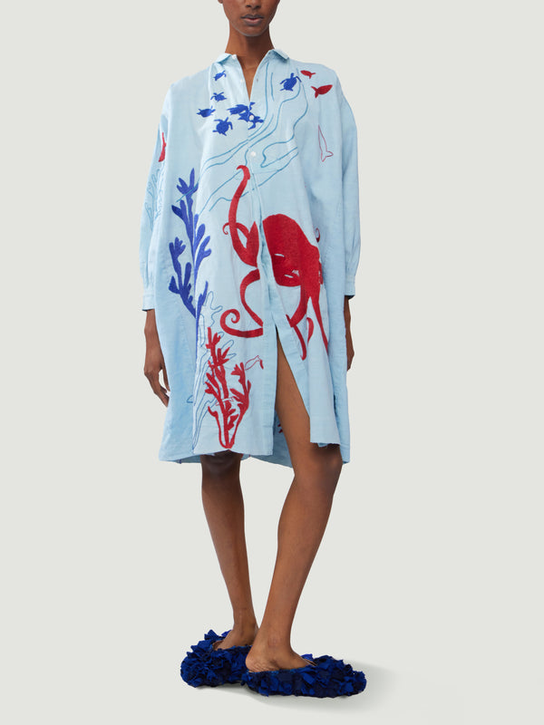 Kilometre Paris - The Sea Hand-Embroidered Linen Dress | One Size - Light blue - ABASK