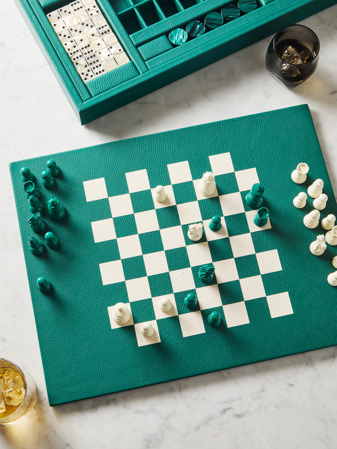 Hector Saxe - Leather Backgammon, Checkers, Chess and Dominoes Compendium - Green - ABASK
