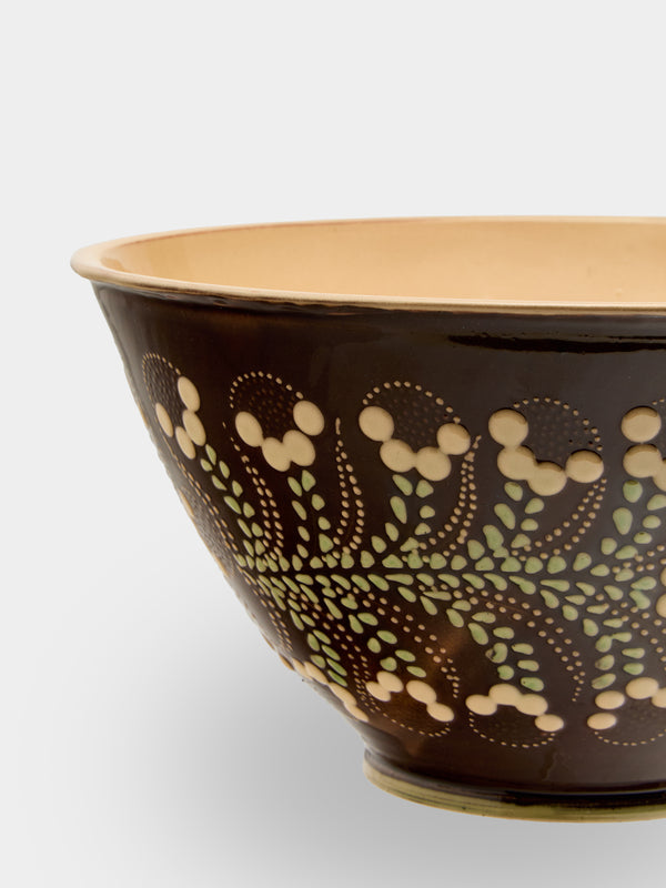 Poterie d’Évires - Flowers Hand-Painted Ceramic Large Salad Bowl - Dark brown - ABASK