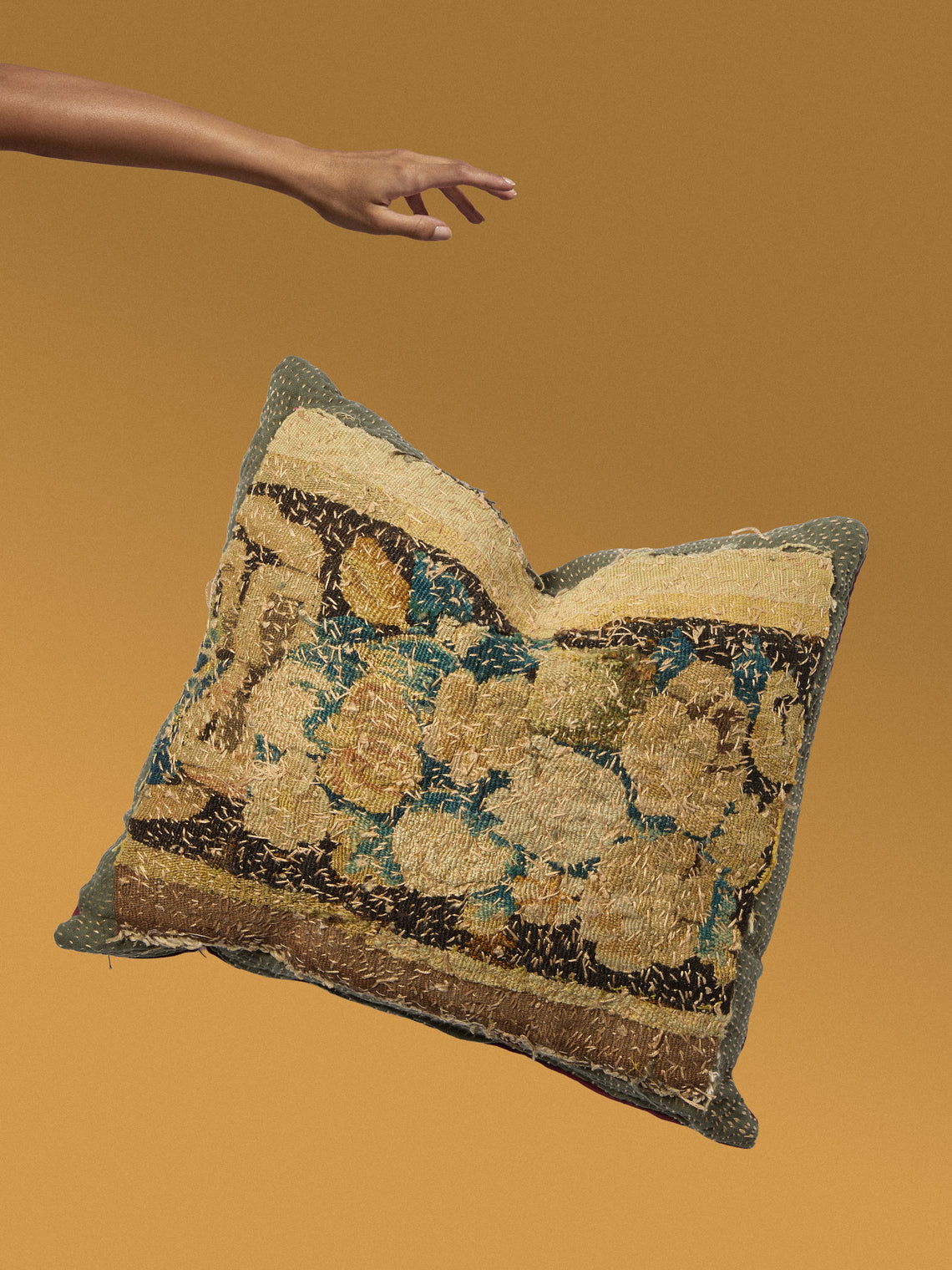By Walid - 17th-Century Verdure Tapestry Linen and Damask Cushion (16.5in/42cm) - Multiple - ABASK