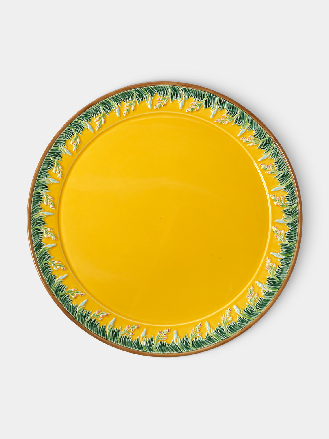Verdolini - Foliage Hand-Painted Majolica Ceramic Round Casserole Dish with Stand - Yellow - ABASK