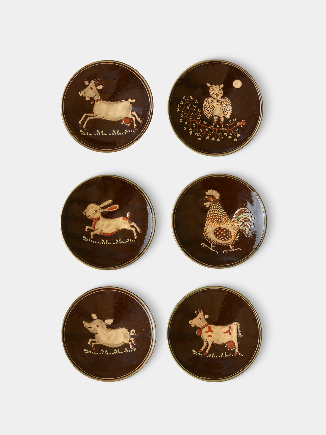 Poterie d’Évires - Animals Hand-Painted Ceramic Raised Plates –  5.5in/14cm (Set of 6) - Dark brown - ABASK