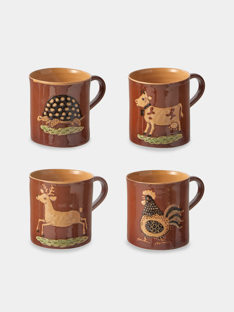 Poterie d’Évires - Animals Hand-Painted Ceramic Mugs (Set of 4) - Light Brown - ABASK - 