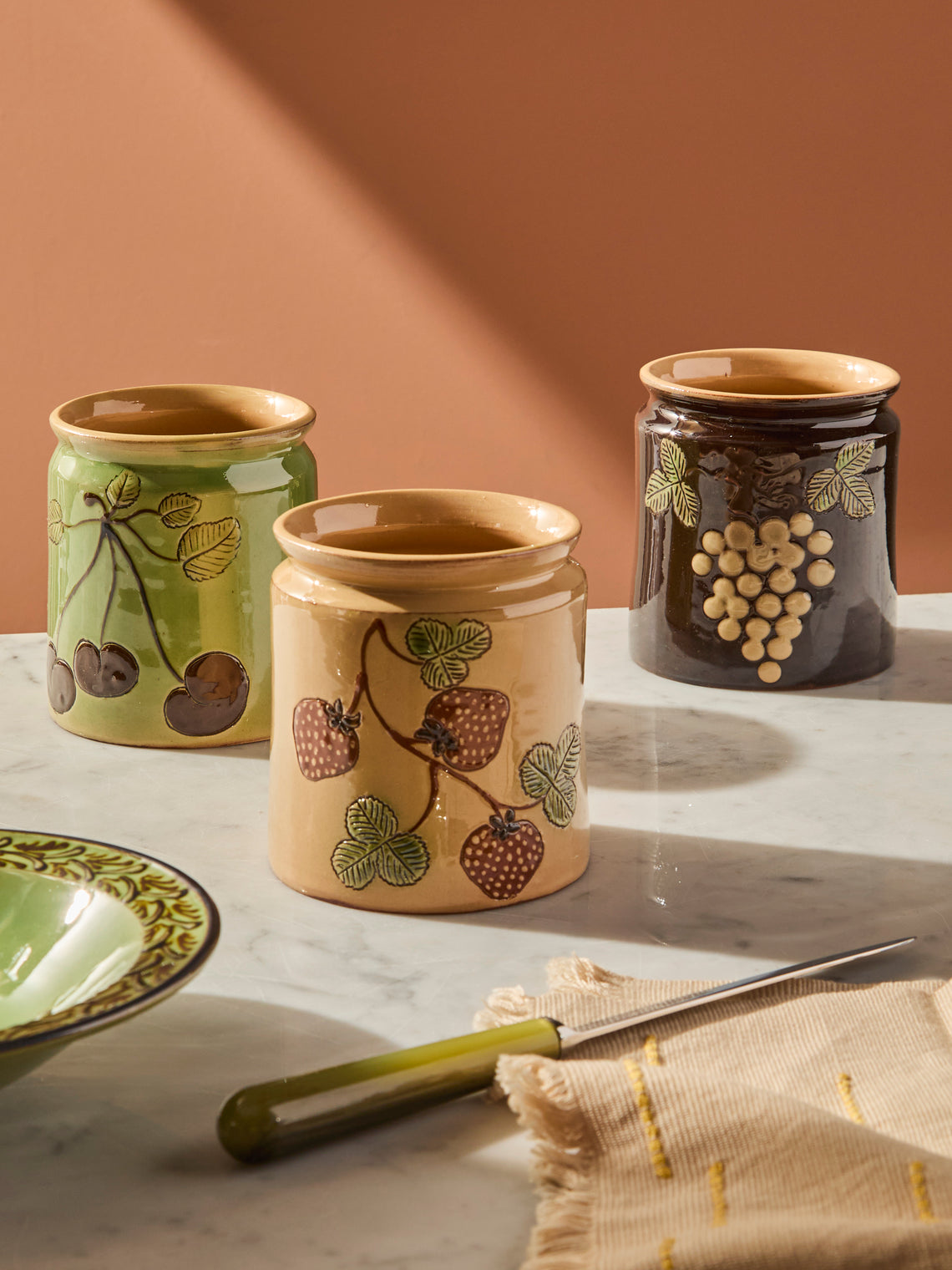 Poterie d’Évires - Fruits Hand-Painted Ceramic Confiture Pots (Set of 3) - Multiple - ABASK