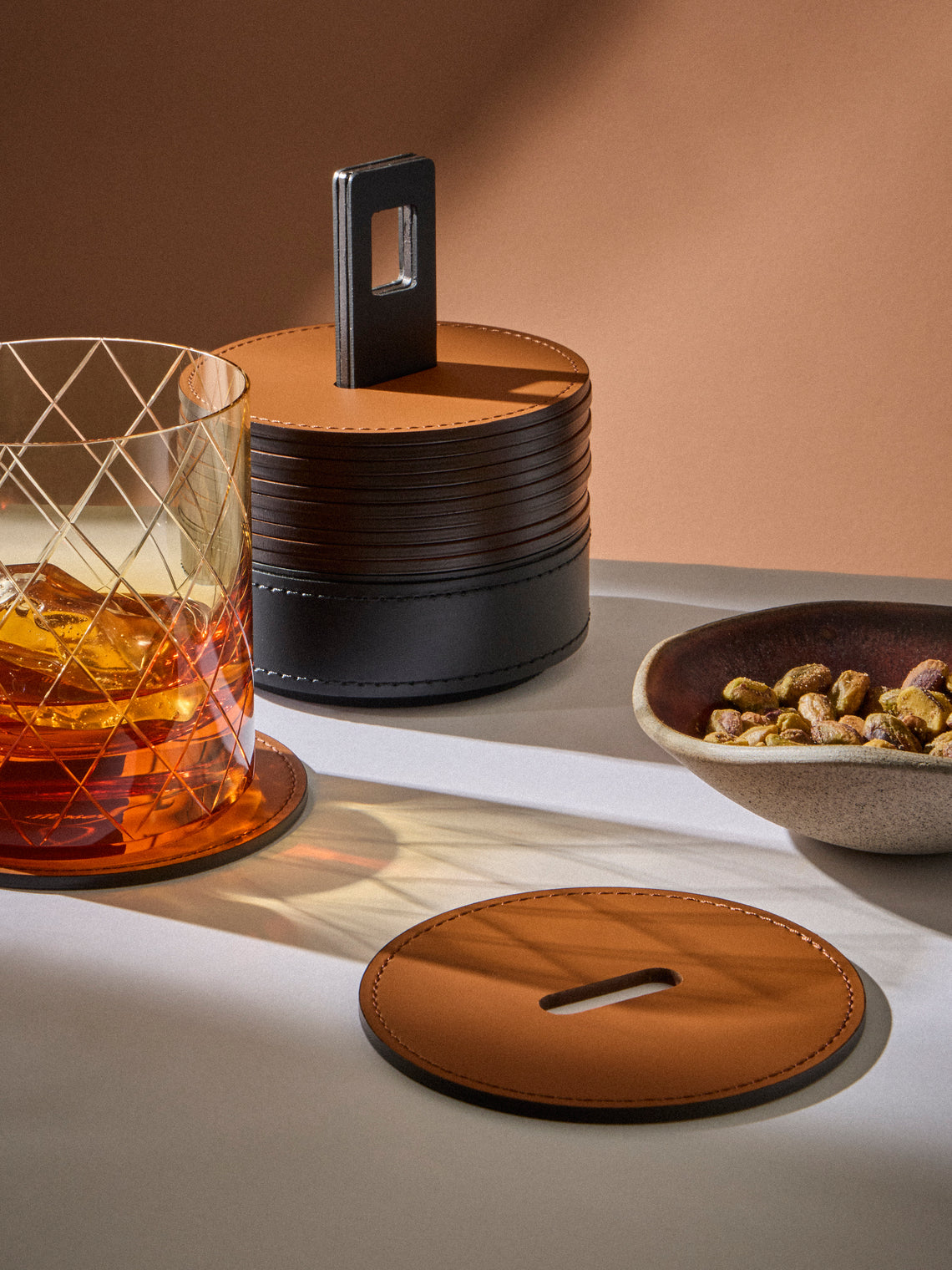 RUDI - | Set of 12 | Nautilus Leather Coasters with Holder - Black - ABASK