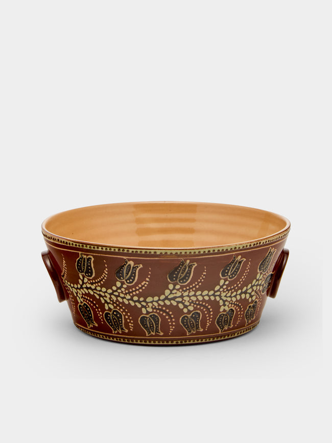 Poterie d’Évires - Flowers Hand-Painted Ceramic Large Handled Serving Bowl - Light brown - ABASK - 