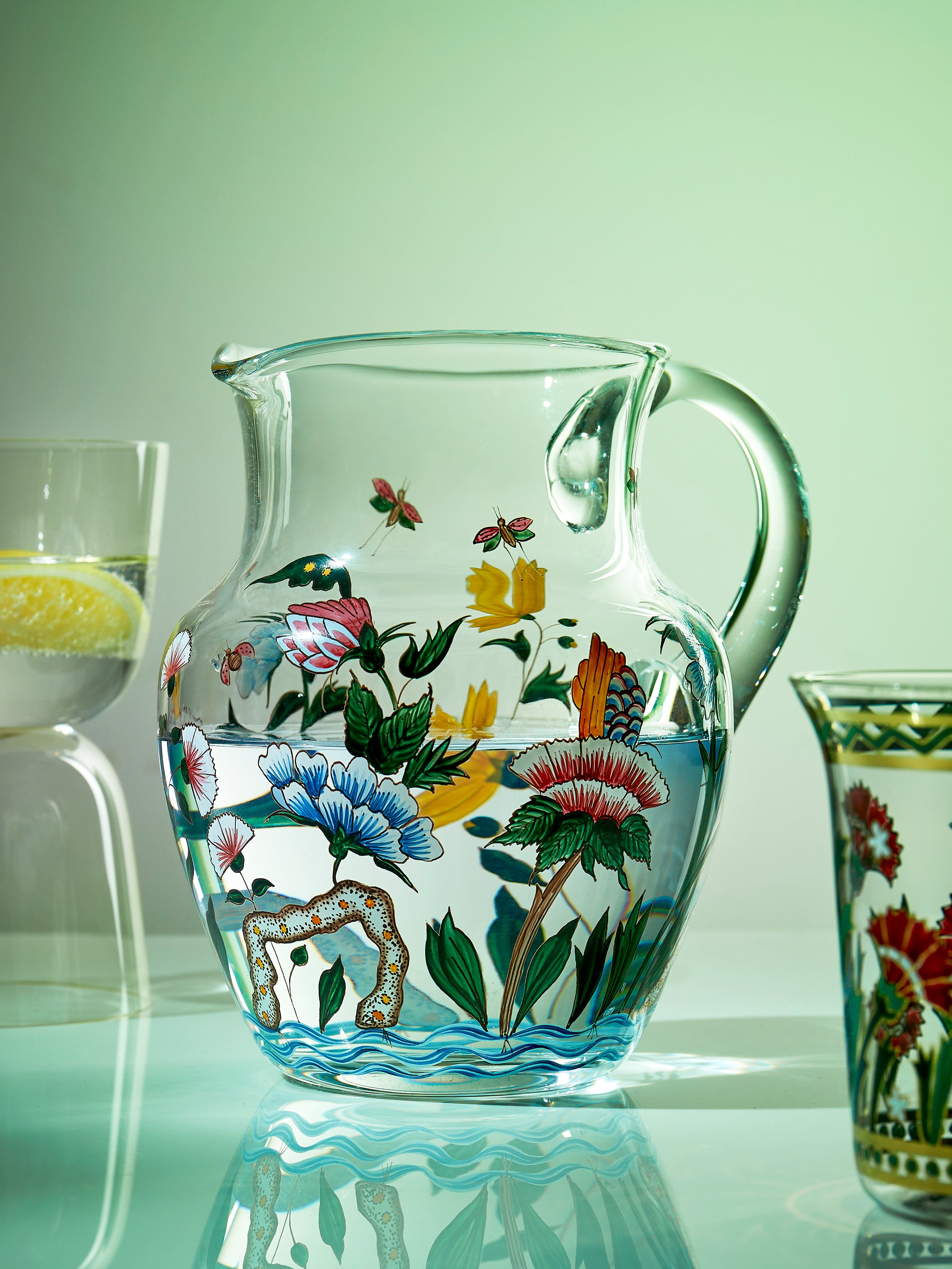 Chinese Flowers Hand-Blown Crystal Water Pitcher