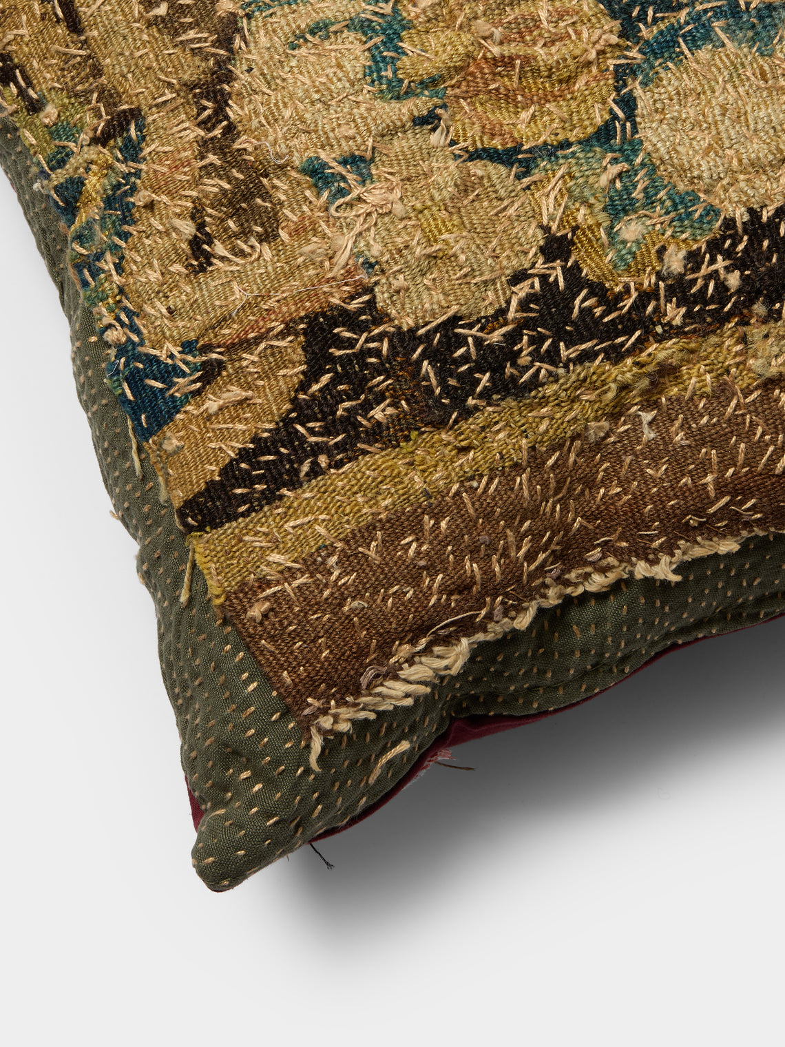 By Walid - 17th-Century Verdure Tapestry Linen and Damask Cushion (16.5in/42cm) - Multiple - ABASK