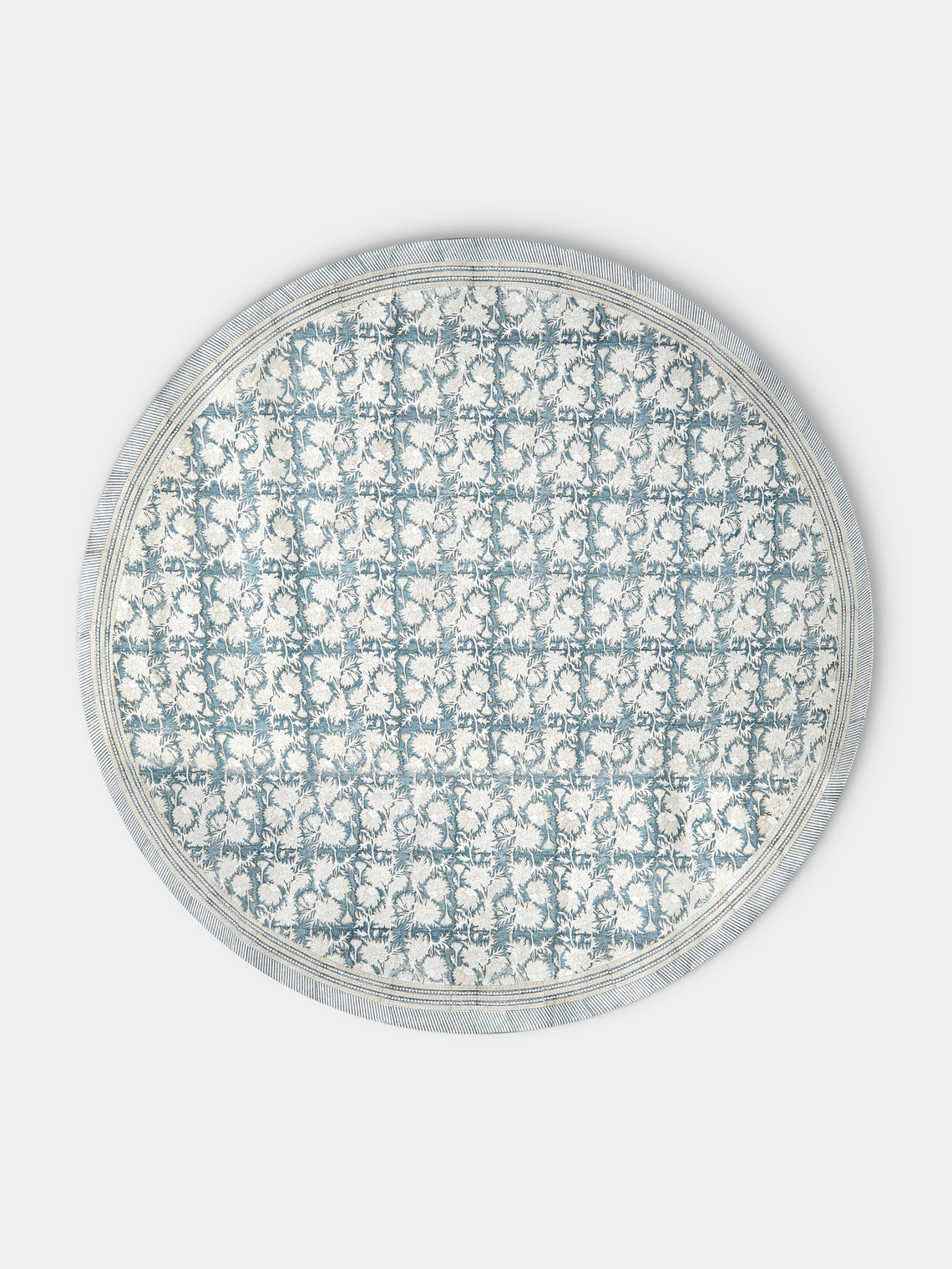 Chamois - Waterlily Block-Printed Cotton Round Tablecloth (86.5in/2.2m) - Blue - ABASK - 