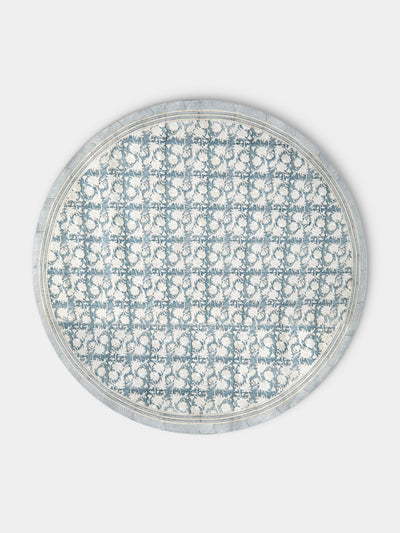 Chamois - Waterlily Block-Printed Cotton Round Tablecloth (86.5in/2.2m) - Blue - ABASK - 