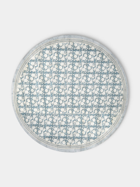 Chamois - Waterlily Block-Printed Cotton Round Tablecloth (86.5in/2.2m) - Blue - ABASK - 