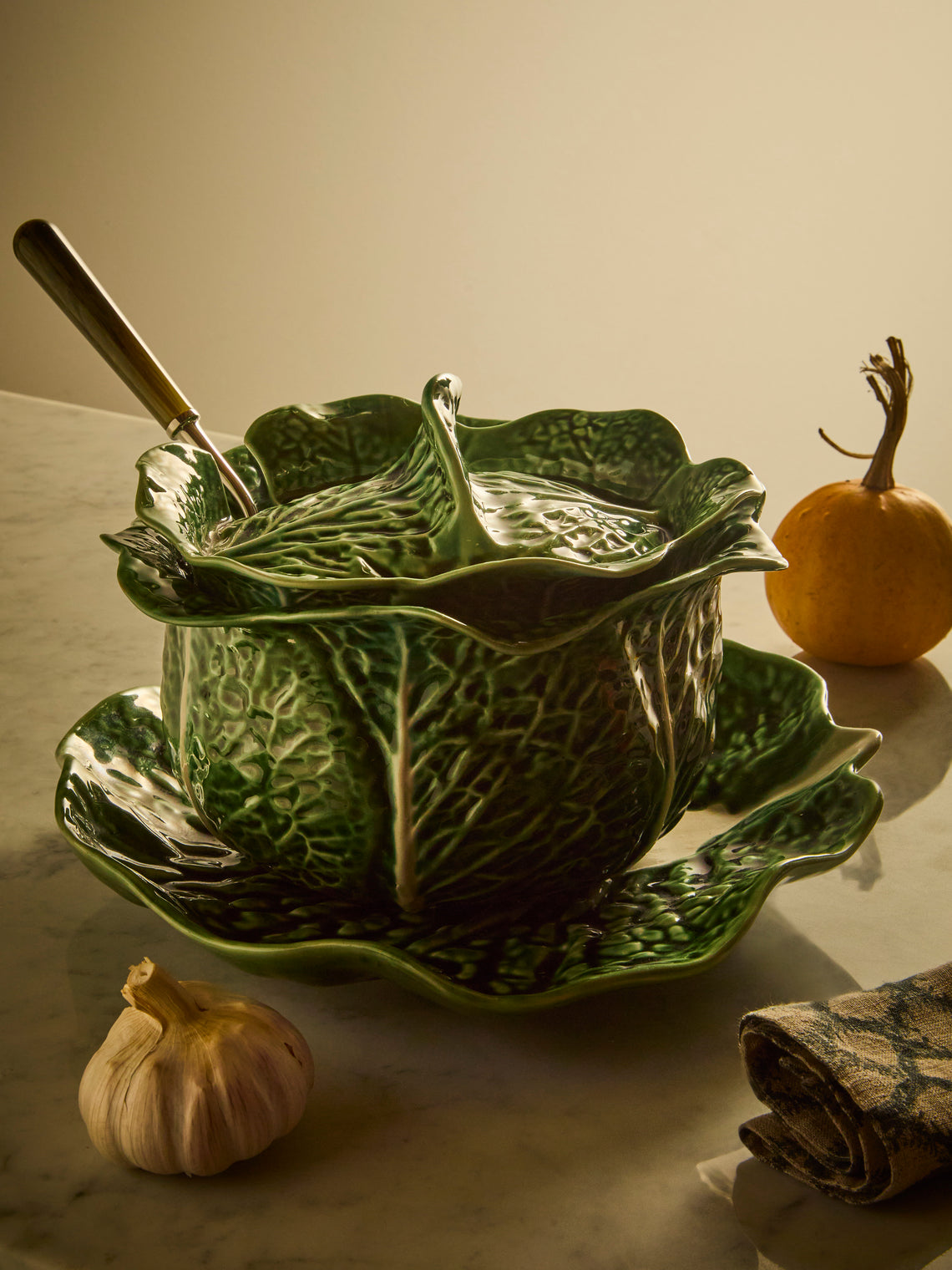 Antique and Vintage - Mid-Century Cabbage Majolica Ceramic Tureen with Plate - Green - ABASK