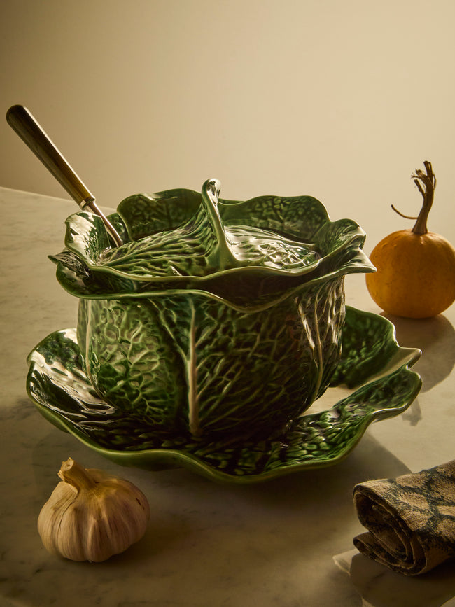 Antique and Vintage - Mid-Century Cabbage Majolica Ceramic Tureen with Plate - Green - ABASK