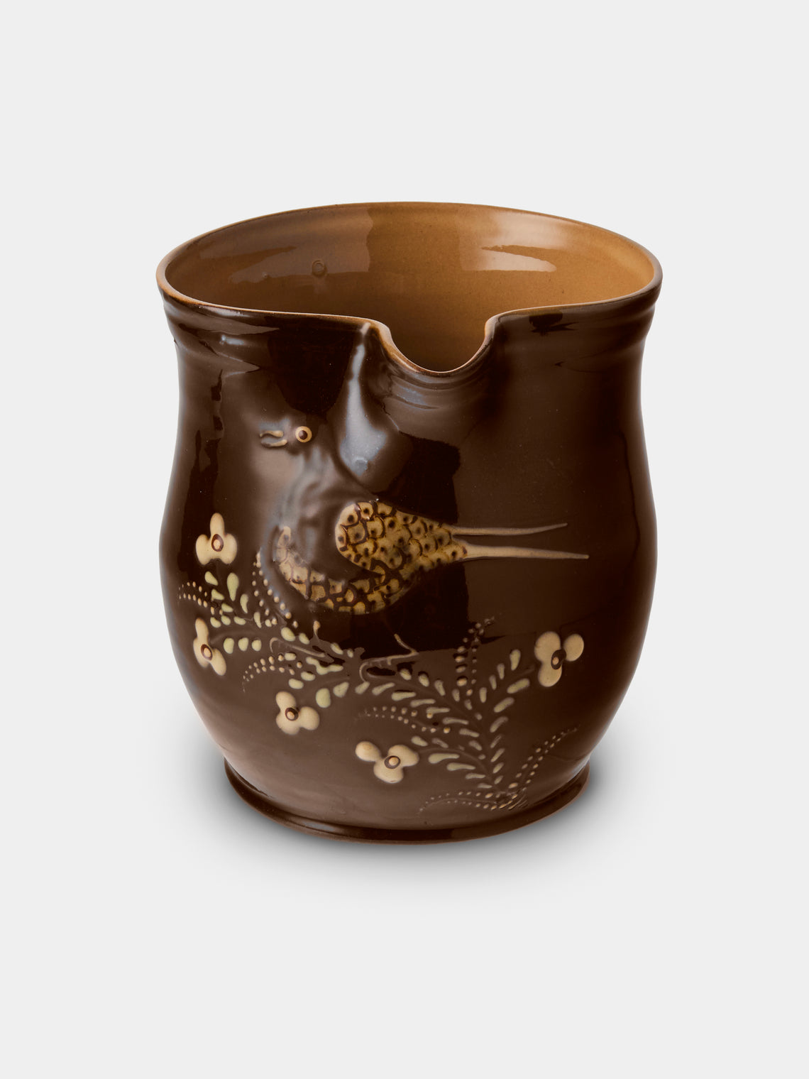 Poterie d’Évires - Birds Hand-Painted Ceramic Medium Jug - Dark Brown - ABASK