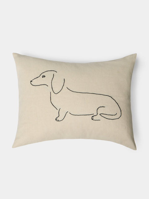 Oeuvres Sensibles - Dog Hand-Embroidered Cotton and Hemp Cushion (15.5in/40cm) - Cream - ABASK - 