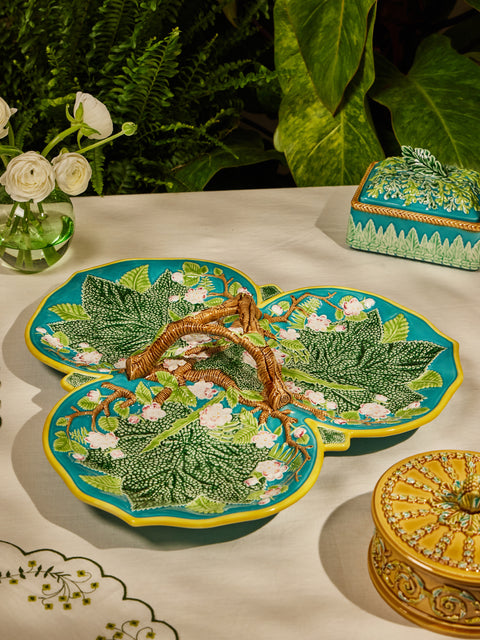 Verdolini - Plum Blossom Hand-Painted Majolica Ceramic Triple Serving Dish - Green - ABASK