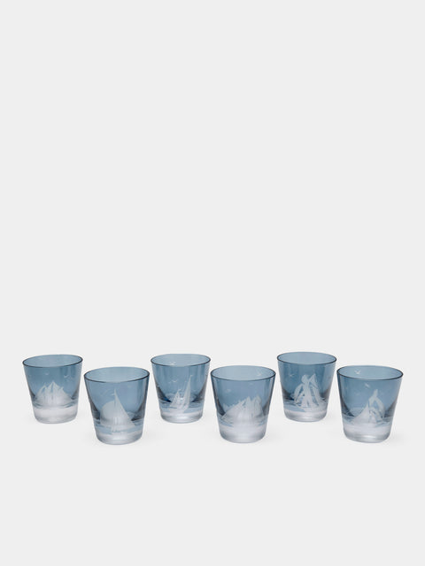 Artel - Golden Age of Yachting Hand-Engraved Crystal Shot Glasses (Set of 6) - Blue - ABASK - 