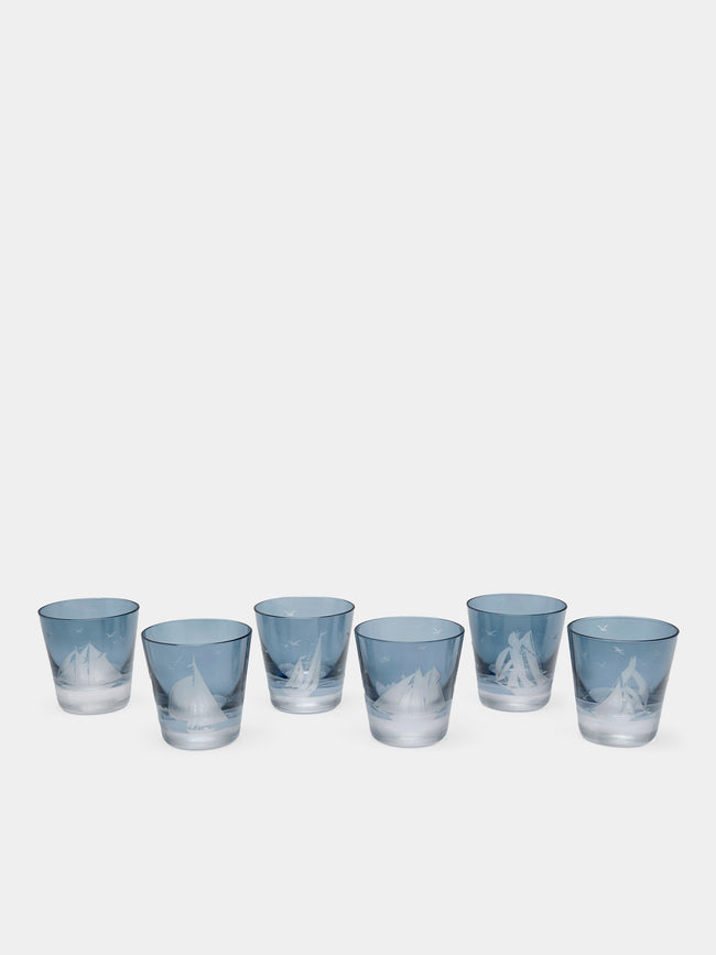 Artel - Golden Age of Yachting Hand-Engraved Crystal Shot Glasses (Set of 6) - Blue - ABASK - 
