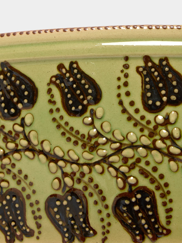 Poterie d’Évires - Flowers Hand-Painted Ceramic Oval Serving Dish - Green - ABASK