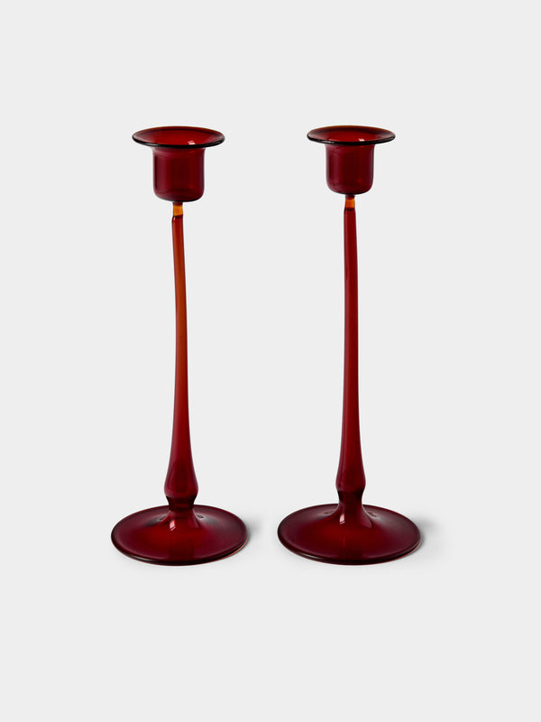 Antique and Vintage - Mid-Century Glass Candle Holders (Set of 2) - Red - ABASK - 