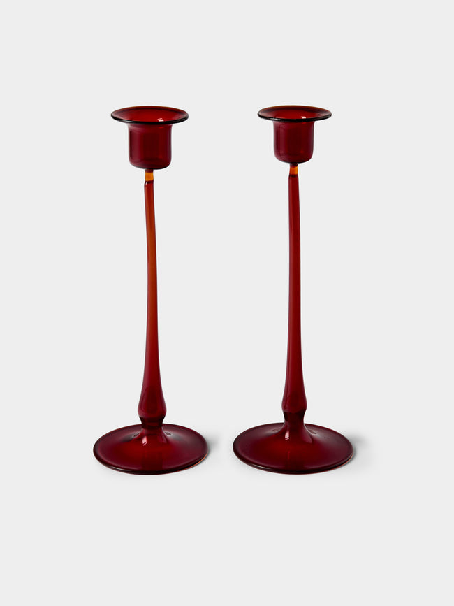 Antique and Vintage - Mid-Century Glass Candle Holders (Set of 2) - Red - ABASK - 