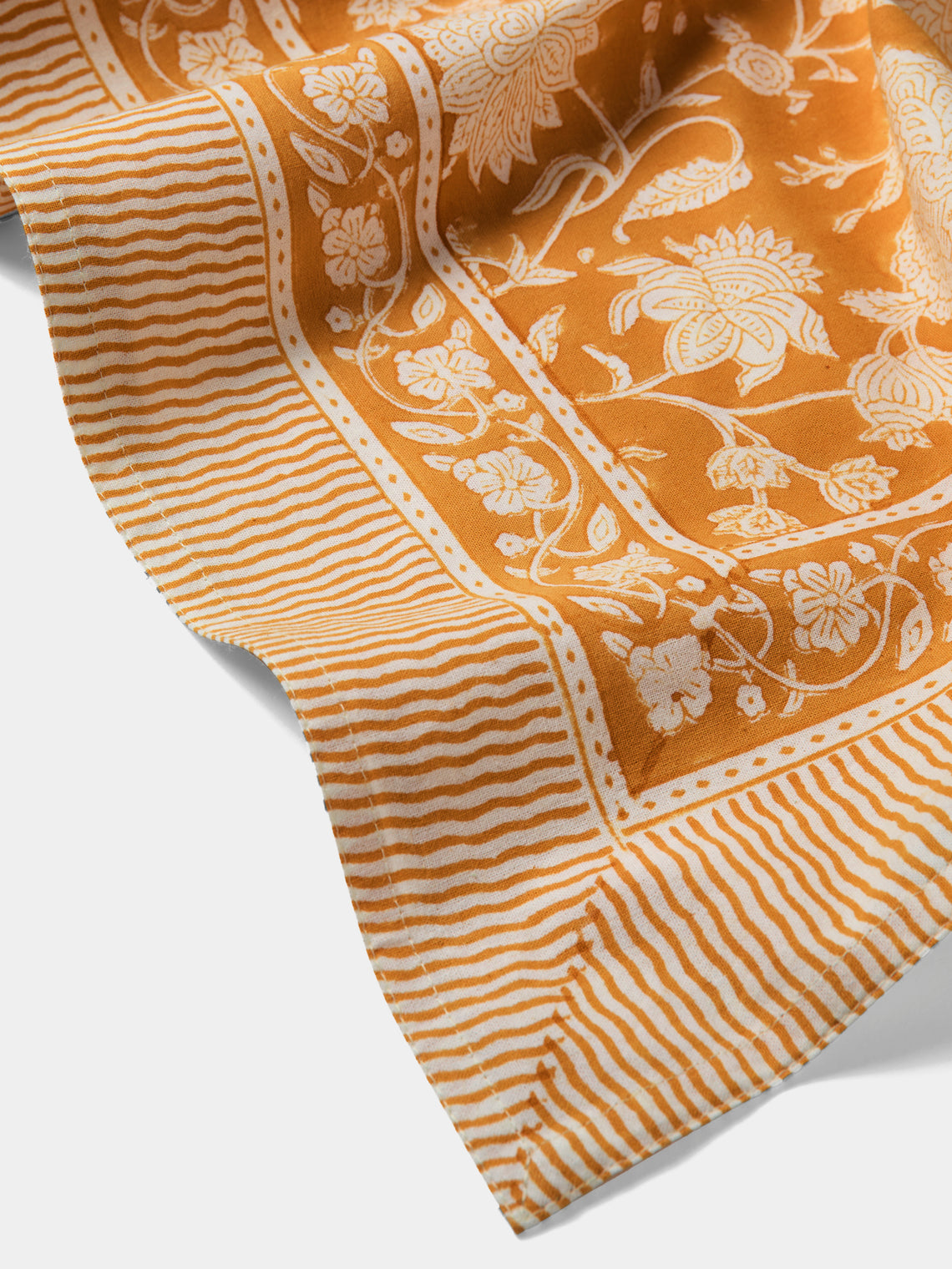 Chamois - Indian Rose Block-Printed Cotton Rectangular Tablecloth (138in/3.5m) - Orange - ABASK