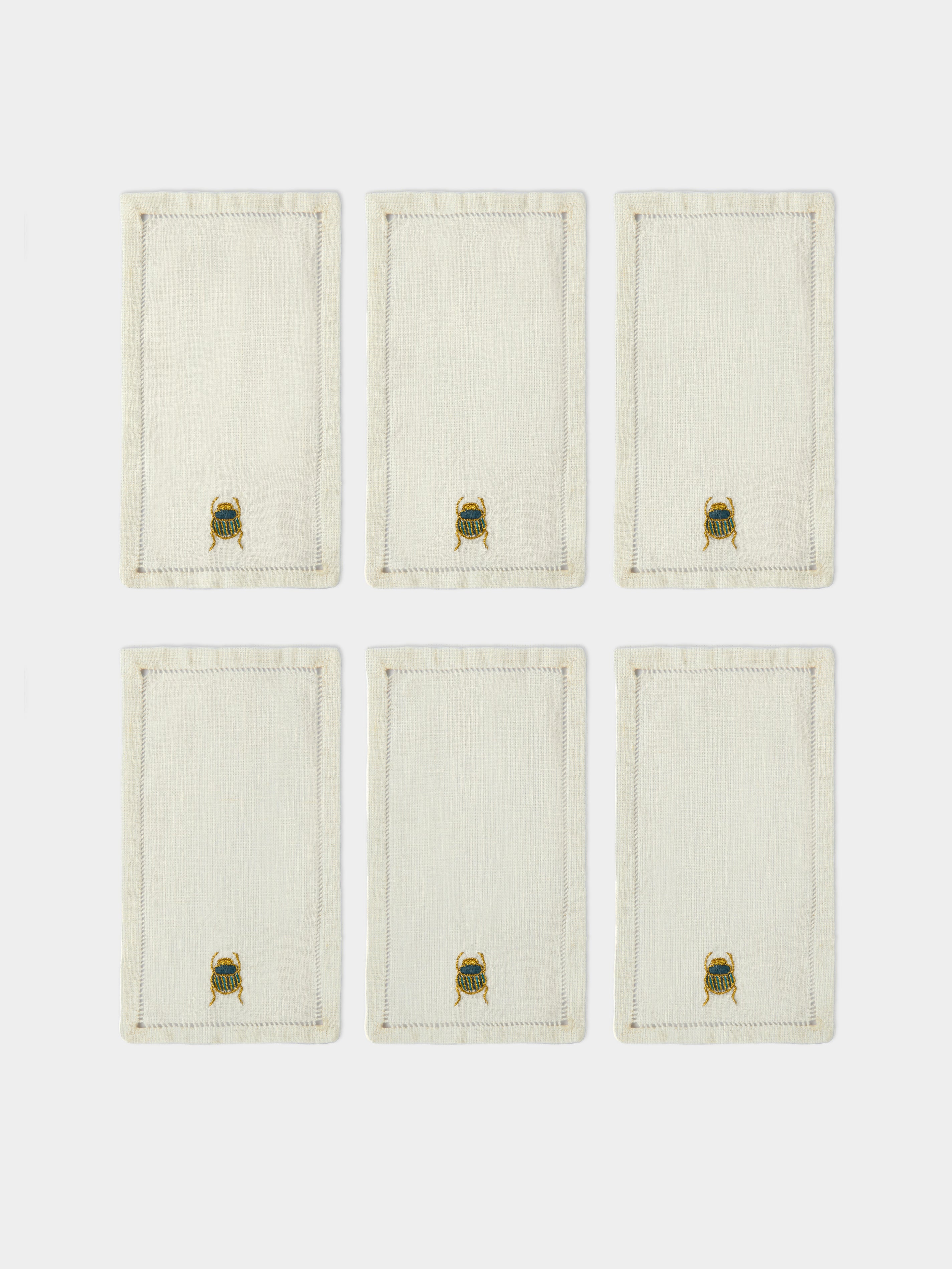 Scarab Hand-Embroidered Linen Cocktail Napkins (Set of 6)