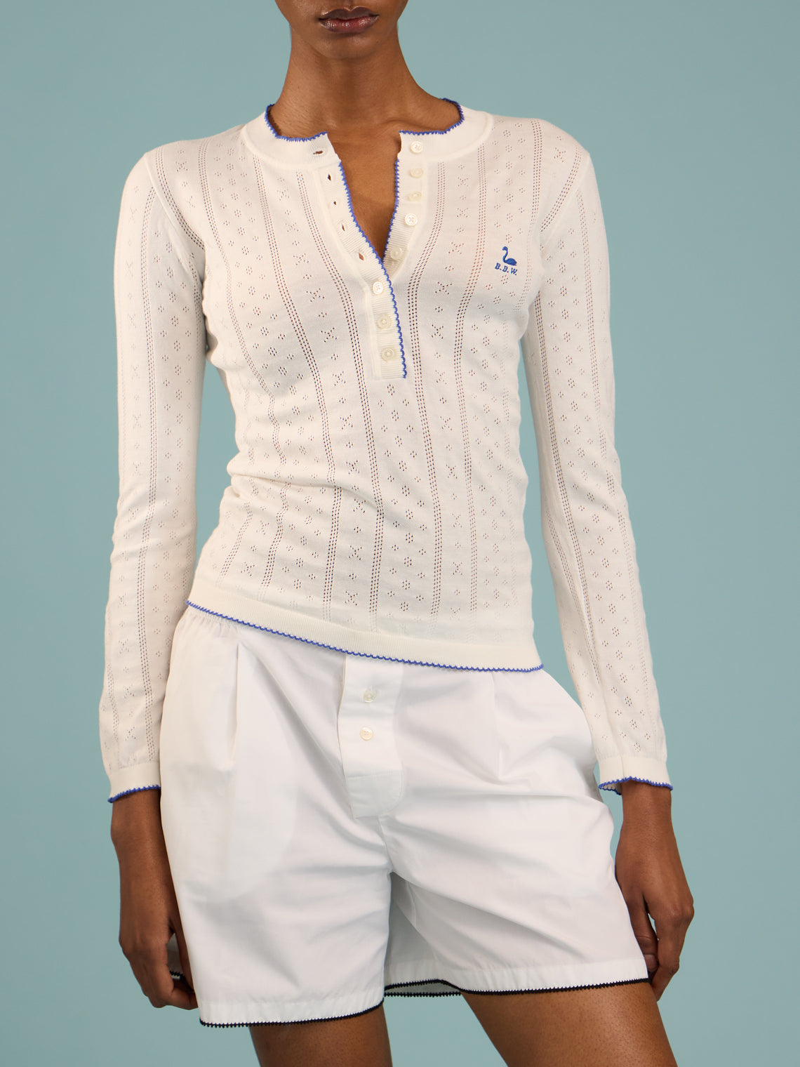 B.B. Wallace - Piper Cotton Pointelle Henley Long-Sleeved T-Shirt | Size: S - White - ABASK