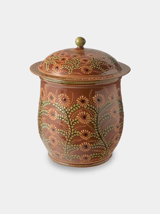 Poterie d’Évires - Flowers Hand-Painted Ceramic Curved Lidded Pot - Light Brown - ABASK - 