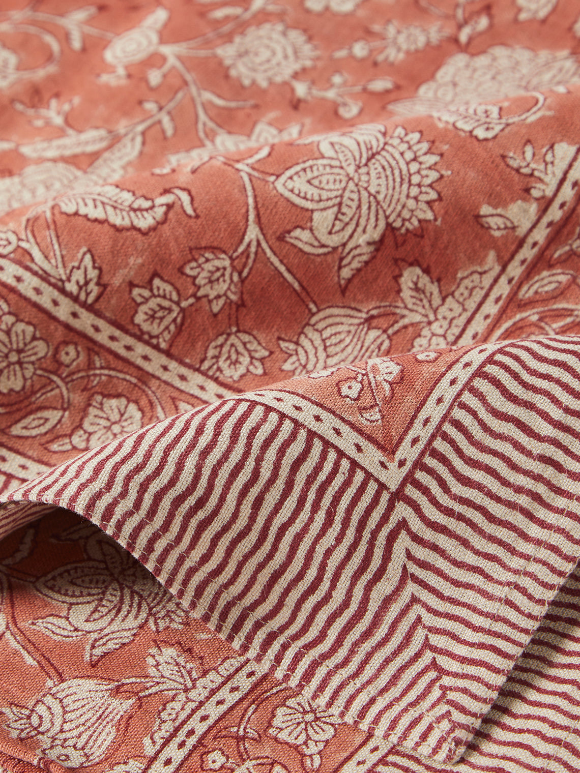 Chamois - Parrot Block-Printed Linen Rectangular Tablecloth (138in/3.5m) - Red - ABASK