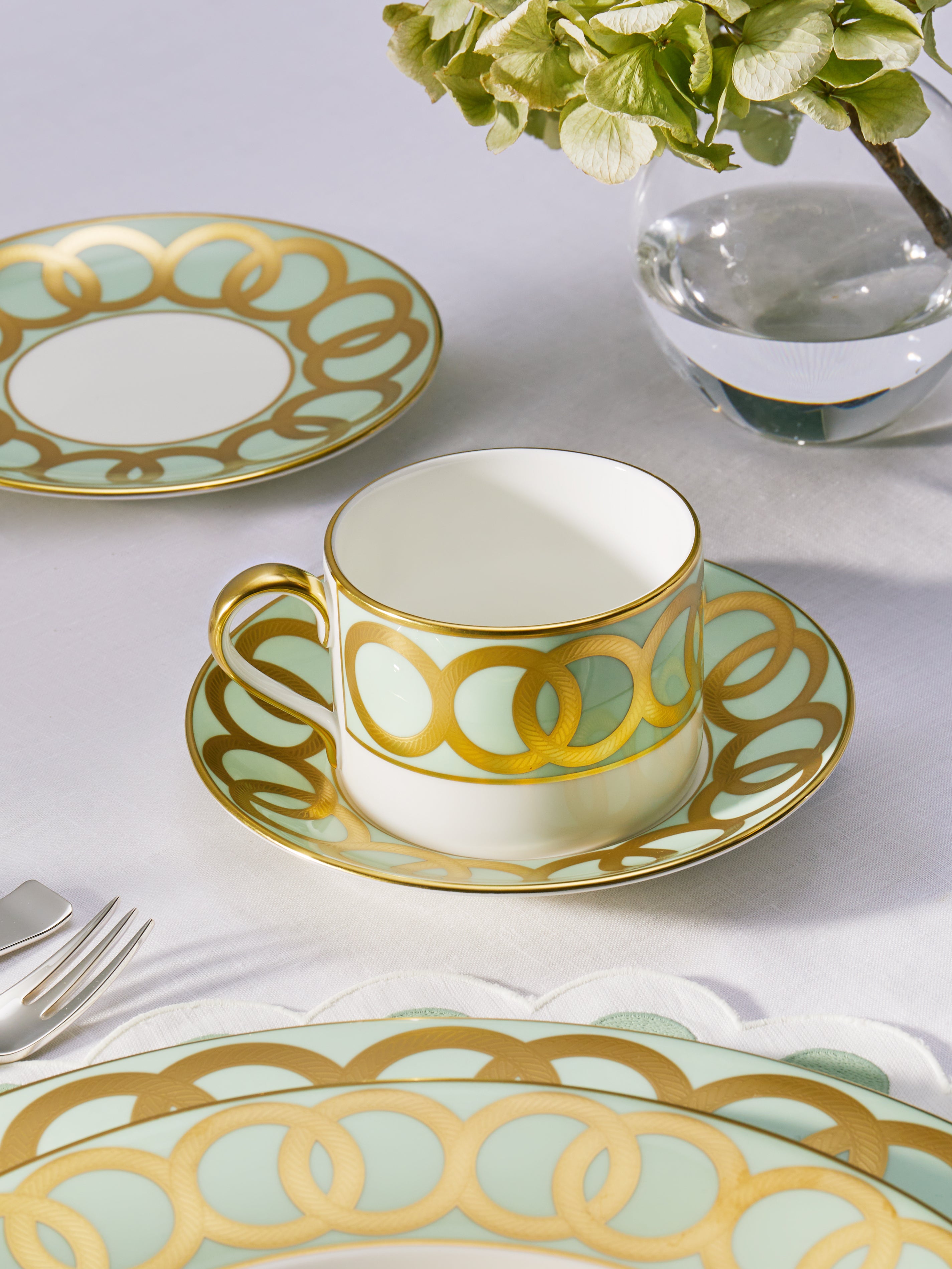 Green Riviera Dream Hand-Painted Bone China Teacup and Saucer by